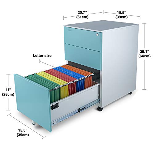Aurora Mobile File Cabinet 3-Drawer Metal Aurora Mobile File Cabinet 3-Drawer Metal with Lock Key Sliding Drawer, White/Aqua Blue, Fully Assembled, Ready to Use.