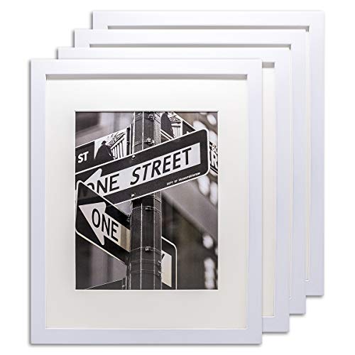 The Display Guys Set of 4 11x14 Pine Wood Picture Frames with 8x10 Acid-Free Mat & Tempered Glass (Matte White)