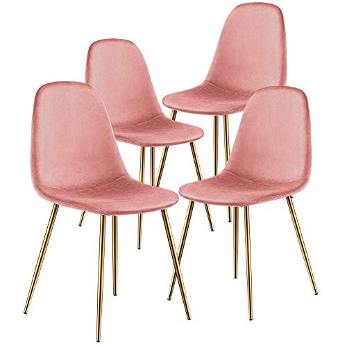 Kealive Dining Chair for Kitchen Dining Room Set of 4 Mid Century Modern Side Chairs with Golden Metal Legs, Velvet Fabric and Soft Upholstered Seat, Pink