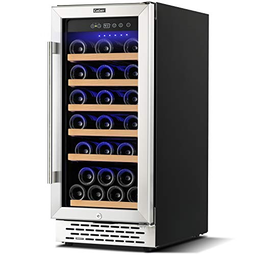 Colzer Upgrade 15 Inch Wine Cooler Refrigerators, 32 Bottle Built-in or Freestanding Fridge with Stainless Steel, Digital Temperature Control Screen