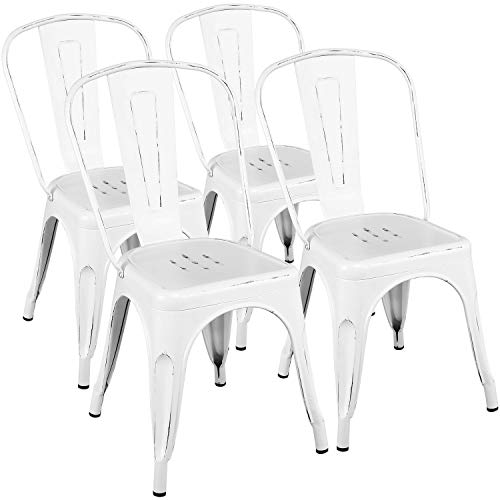 Yaheetech Metal Kitchen Dining Chairs Indoor-Outdoor Distressed Style Stackable Side Coffee Chairs in Distressed White, Set of 4