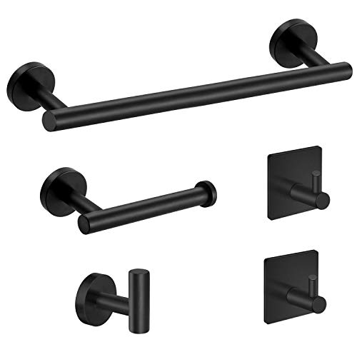 Tudoccy 5-Pieces Matte Black Bathroom Hardware Set SUS304 Stainless Steel Round Wall Mounted - Includes 14" Hand Towel Bar, Toilet Paper Holder, 3 Robe Towel Hooks,Bathroom Accessories Kit