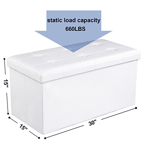 SONGMICS 30 Inches Faux Leather Folding Storage Ottoman Bench SONGMICS 30 Inches Faux Leather Folding Storage Ottoman Bench, Storage Chest Footrest Coffee Table Padded Seat, White.