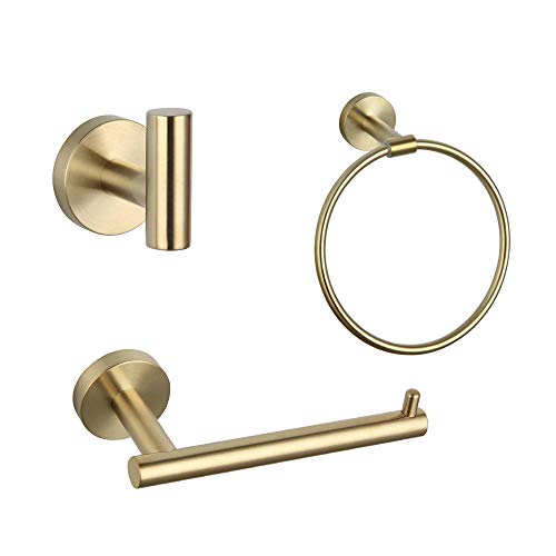 GERZ Bathroom Accessories Set 3 Piece Brushed Pvd Zirconium Gold Stainless Steel Bath Hardware Kit Wall Mount Towel Ring Toilet Paper Holder Robe Hook