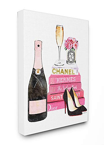 Stupell Industries Glam Pink Fashion Book Champagne Hells and Flowers Oversized Stretched Canvas Wall Art, Proudly Made in USA