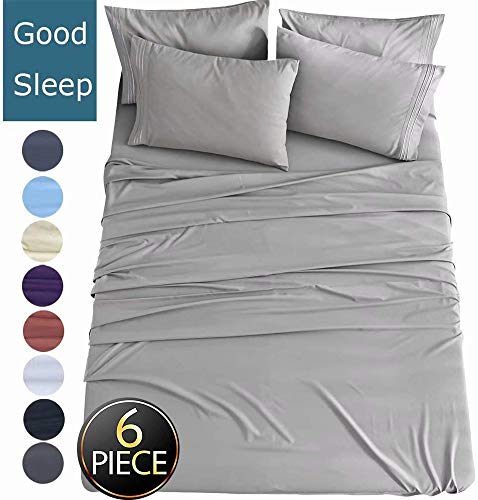 Shilucheng King Size 6-Piece Bed Sheets Set Microfiber 1800 Thread Count Percale 16 Inch Deep Pockets Super Soft and Comforterble Wrinkle Fade and Hypoallergenic(King,Grey)