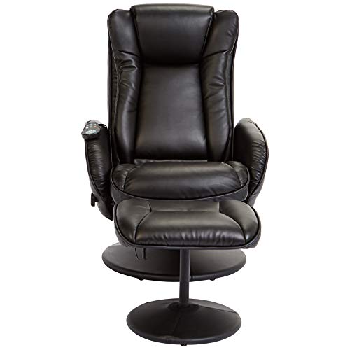 JC Home Drammen Massaging Leather Recliner and Ottoman JC Home Drammen Massaging Leather Recliner and Ottoman with Leather-Wrapped Base, Obsidian Black.
