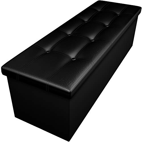 Camabel Folding Ottoman Storage Bench Cube 44 inch Hold up 700lbs Faux Leather Long Chest with Memory Foam Seat Footrest Padded Upholstered Stool for Bedroom Box Bed Coffee Table Rectangular Black