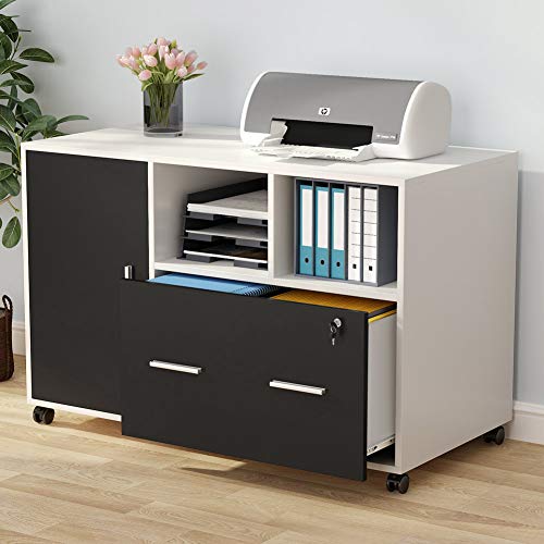 Tribesigns Large File Cabinet with Lock and Drawer, Modern Mobile Lateral Filing Cabinet Printer Stand Legal/Letter / A4 Size with Wheels and Storage Shelves for Home Office (White)