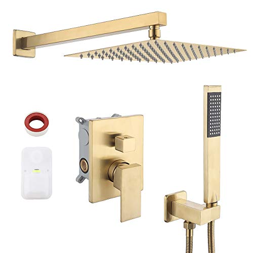 KES Pressure Balancing Rain Shower System Shower Faucet Complete Set Square Brushed Brass (Including Shower Faucet Rough-In Valve Body and Trim), XB6230-BZ