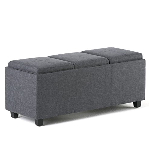 Simpli Home Avalon 42 inch Wide Rectangle Storage Ottoman in Upholstered Slate Grey Linen Look Fabric, Coffee Table for the Living Room, Bedroom, Contemporary