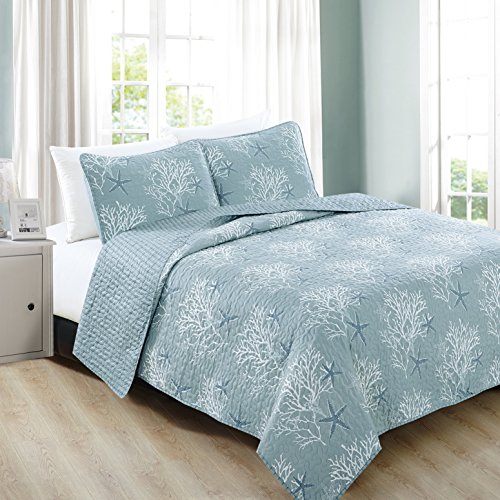 Home Fashion Designs 3-Piece Coastal Beach Theme Quilt Set with Shams. Soft All-Season Luxury Microfiber Reversible Bedspread and Coverlet. Fenwick Collection Brand. (Full/Queen, Ether Blue)