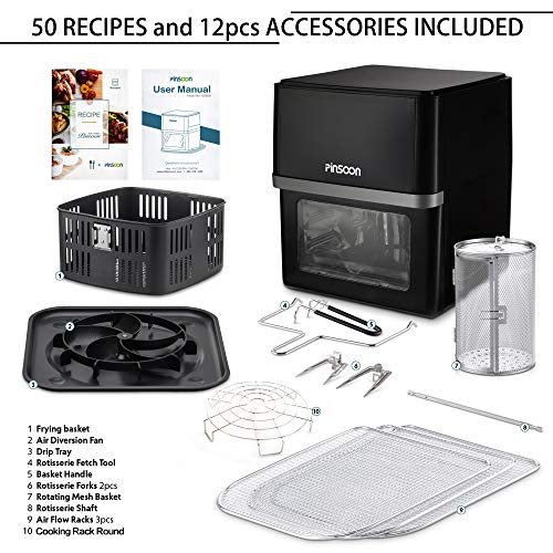 PINSOON 10-Quart Air Fryer PINSOON 10-Quart Air Fryer (Rotisserie Shaft &amp; Layer Racks &amp; Nonstick Basket), Electric Hot Air Fryer Oven Oilless Cooker, Full Circle Heated Cyclonic System, 12 Accessories, 8 Cooking Presets, LED Digital Touchscreen (50 Recipes).