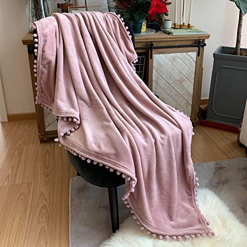 LOMAO Flannel Blanket with Pompom Fringe Lightweight Cozy Bed Blanket Soft Throw Blanket fit Couch Sofa Suitable for All Season (51x63) (Pink)