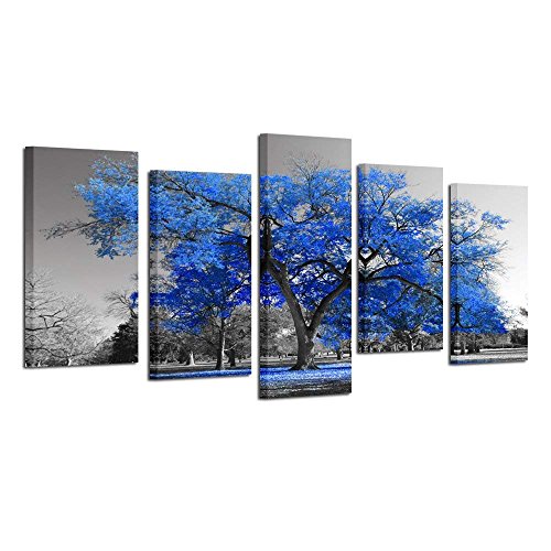 Kreative Arts Canvas Print Wall Art Painting Contemporary Blue Tree in Black and White Style Fall Landscape Picture Modern Giclee Stretched and Framed Artwork (Large Size 60x32inch)