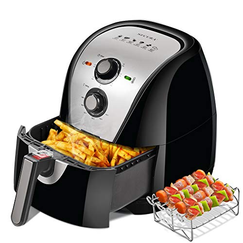Secura Air Fryer XL 5.3 Quart 1700-Watt Electric Hot Air Fryers Oven Oil Free Nonstick Cooker w/Additional Accessories, Recipes, BBQ Rack & Skewers for Frying, Roasting, Grilling, Baking (Silver)