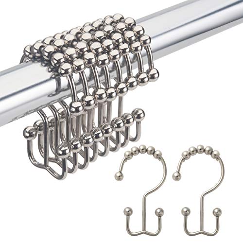 Amazer Shower Curtain Hooks Rings, Rust-Resistant Metal Double Glide Shower Hooks for Bathroom Shower Rods Curtains, Nickel, Set of 12 Rings