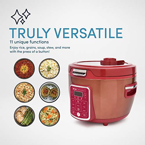 Aroma Professional Cool Touch Glass Lid, Food Steamer, Slow Cooker Aroma Professional ARC-1230R Cool Touch Glass Lid, Food Steamer, Slow Cooker, Multicooker with 11 Preset Functions, Steam Tray, Measuring Cup, Rice Spatula, 20 Cooked, Red.