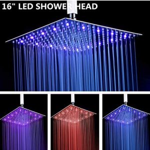Fyeer 16 Inches LED Rainfall Shower Head Square, Ultra-thin Luxury Bathroom Shower Head Ceiling Mounted, 3-LAYER 304 Stainless Steel, Temperature Sensor 3 Colors Changing, Brushed Nickel