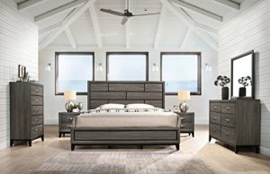 Roundhill Furniture Stout Panel King Size Bedroom Set with Bed, Dresser, Mirror, 2 Night Stands, Chest, Grey