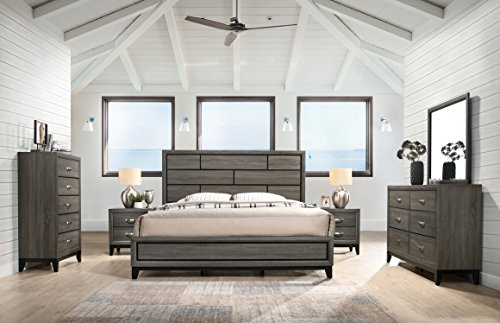 Roundhill Furniture Stout Panel Queen Size Bedroom Set with Bed, Dresser, Mirror, 2 Night Stands, Chest, Grey