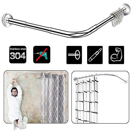 Quany Life Stretchable Corner Shower Curtain Rod - Drill Free Install 304 Stainless L Shaped 23.6-35.4" x 40-67",for Bathroom, Clothing Store（Free Curtain Hook ）
