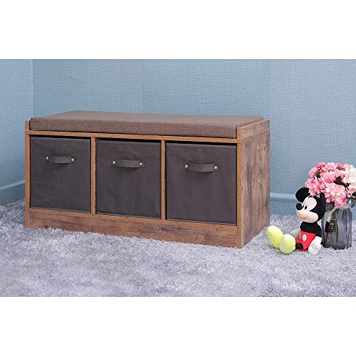 IWELL Rustic Storage Bench with 3 Removable Drawers IWELL Rustic Storage Bench with 3 Removable Drawers, Entryway Bench Storage Bench with Removable Cushion, Perfect for Under Window, Hallway, mudroom, Living Room HXD001F-.