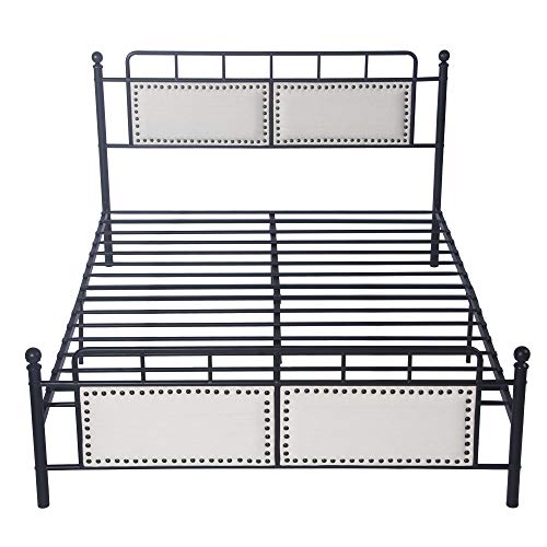 LUCKYERMORE Full Size Metal Bed Frame with Upholstered Headboard & Footboard, Heavy Duty Platform Bed Frame Steel Slat Support for Bedroom, Guest Room, No Box Spring, Mattress Foundation, Black