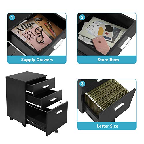 DEVAISE 3 Drawer Mobile File Cabinet, Wood Filing Cabinet DEVAISE 3 Drawer Mobile File Cabinet, Wood Filing Cabinet for Letter Size, Black.