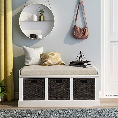 P PURLOVE Rustic Storage Bench Entyrway Bench P PURLOVE Rustic Storage Bench Entyrway Bench with 3 Removable Basket, Fully Assembled Shoe Bench Storage Bench for Entryway Bench with Removable Cushion for Living Room.
