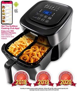 NUWAVE BRIO 6-Quart Digital Air Fryer includes basket divider, one-touch digital controls, 6 easy presets, wattage control, and advanced functions like SEAR, PREHEAT, DELAY, WARM and more