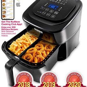 NUWAVE BRIO 6-Quart Digital Air Fryer includes basket divider, one-touch digital controls, 6 easy presets, wattage control, and advanced functions like SEAR, PREHEAT, DELAY, WARM and more