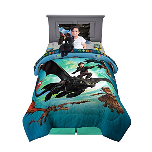 Franco Kids Bedding Soft Comforter with Sheets and Plush Cuddle Pillow Set, 5 Piece Twin Size, How to Train Your Dragon