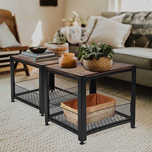 Rustic Brown Industrial End Table with Storage Shelf - Stylish Square Side Table/Nightstand/Coffee Table for Living Room, Bedroom, Balcony, Family, and Office; Sturdy Metal Frame, Easy Assembly This sturdy and durable table, constructed with angle iron, offers a reliable and stable structure. The waterproof and wear-resistant veneer-coated top surface provides not only durability but also a touch of rustic charm. The 2-tiered shelves add practicality by offering additional display space and storage, making it a versatile piece for any room. Whether used as a bedside table, side table next to a chair or sofa, or a stylish addition to the office, this table seamlessly combines a classic square design with industrial elements, making it a standout piece in any setting.