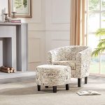 BELLEZE Accent Tub Chair Curved Back French Print Script Linen Fabric w/Ottoman Modern Stylish Round Armrest, Beige
