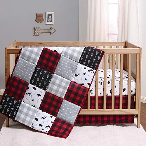 The Peanutshell Buffalo Plaid Crib Bedding Set for Boys or Girls | Red, Black, and Grey | 3 Pieces - Crib Quilt, Fitted Sheet, Crib Skirt