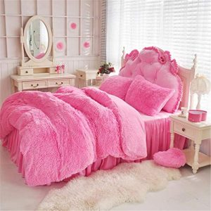 4 PCS Faux Fur Bedding Set, 1 Soft Plush Shaggy Duvet Cover + 1 Flannel Bed Sheet Skirt + 2 Fluffy Furry Sherpa Pillowcases, Luxury Cozy Decorative Home Bedroom, Zipper & Ties, Easy Care (Pink, Queen)