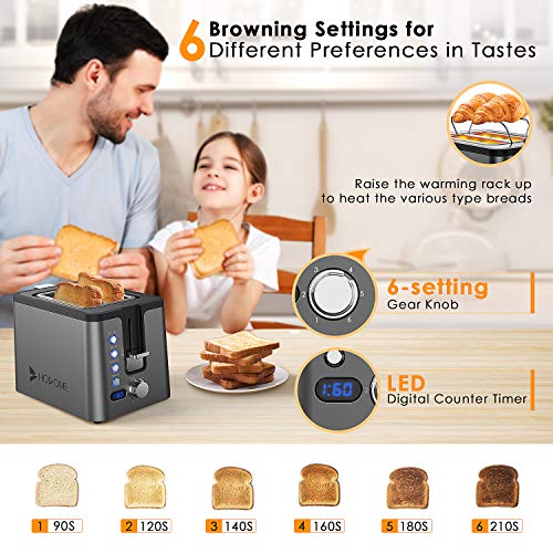 2 Slice Toaster, Hosome Stainless Steel Bread Toaster with 6 Browning Settings 2 Slice Toaster, Hosome Stainless Steel Bread Toaster with 6 Browning Settings, Extra Wide Slot Toaster with Warming Rack,LED Display,Bagel/Defrost/Reheat/Cancel Function,800W, Ash Black.