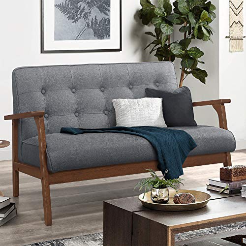 Mid-Century Wooden Loveseat Sofa Modern Fabric, Retro Armrest Loveseat Couch Upholstered 2-Seat, Lounge Accent Chair for Living Room/Outdoor, 42”W (Gray)