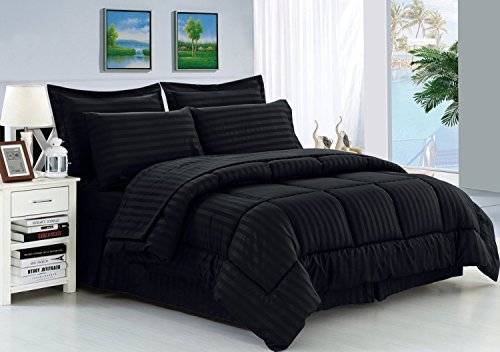 Elegance Linen Stripe Comforter-Black Wrinkle Resistant Class Linen 21RW-KING-8PC Stripe Comforter-Black Wrinkle Resistant - Luxurious Silky Delicate Dobby Stripe Mattress-in-a-Bag 8-Piece Comforter Set --Hypoallergenic - King Black.
