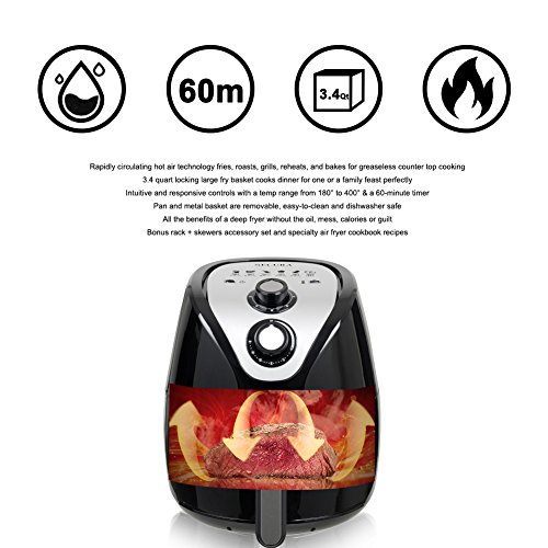 Secura Air Fryer 3.4Qt / 3.2L 1500-Watt Electric Hot XL Air Fryers Secura Air Fryer 3.4Qt / 3.2L 1500-Watt Electrical Scorching XL Air Fryers Oven Oil Free Nonstick Cooker with Extra Equipment, Recipes, BBQ Rack &amp; Skewers for Frying, Roasting, Grilling, Baking.