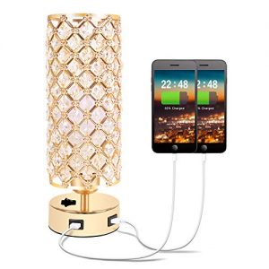 USB Crystal Table Lamp, Gold Table Lamp with Dual USB Charging Ports, Bedside Light Metal Base Stylish, Modern Lamp with Crystal Lamp Shade, Nightstand Light for Bedroom Living Room Entryway Office