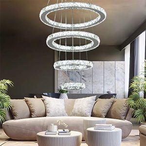YUYUE Modern Luxury Crystal Chandelier LED Ceiling Light Four-Ring Crystal Chandelier, Three Colors Adjustable-Warm White/Warm Yellow/White, 3-5 Days Delivery (4 Rings)