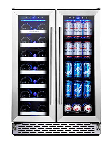 Phiestina Wine and Beverage Refrigerator | 24 Inch Built-In Dual Zone Wine Beer Cooler Refrigerator | Free Standing French Door Drink Fridge with Digital Memory Temperature Control