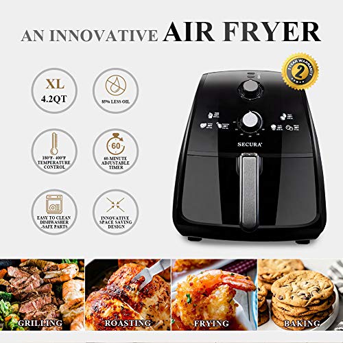 Secura Air Fryer 4.2Qt / 4.0L 1500-Watt Electric Hot XL Air Fryers Secura Air Fryer 4.2Qt / 4.0L 1500-Watt Electrical Scorching XL Air Fryers Oven Oil Free Nonstick Cooker w/Extra Equipment, Recipes, BBQ Rack &amp; Skewers for Frying, Roasting, Grilling, Baking.