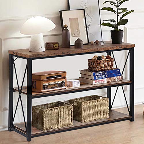 NSdirect Console Sofa Table, Rustic Console Table&TV Stand,Industrial 3-Tier Long Hallway/Entryway Table with Storage Open Bookshelf for Living Room Bedroom Entryway,Brown Oak