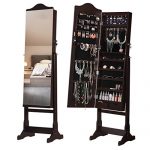 LANGRIA 6 LEDs Lockable Standing Jewelry Cabinet Full-Length Mirror Armoire and Storage Organizer with 2 Drawers, Brown