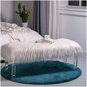 Glitzhome Luxurious Faux Fur Bench with Acrylic Legs Bedroom Furniture White 44.88 Inch Length