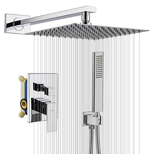 IRIBER Rain Shower System with 10 Inch High Pressure Ultra Thin Rain Shower Head and Handheld Bathroom Luxury Rainfall Polished Chrome Shower Set Included Shower Faucet Mixer Valve and Shower Trim Kit