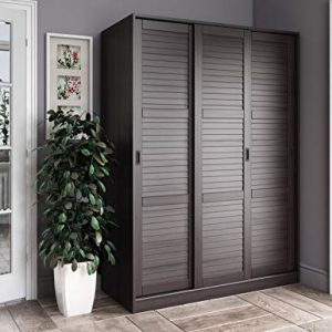 Palace Imports 100% Solid Wood Wardrobe with 3 Sliding Louvered Doors, Java. 5 Shelves Included. Additional Large Shelves Sold Separately.